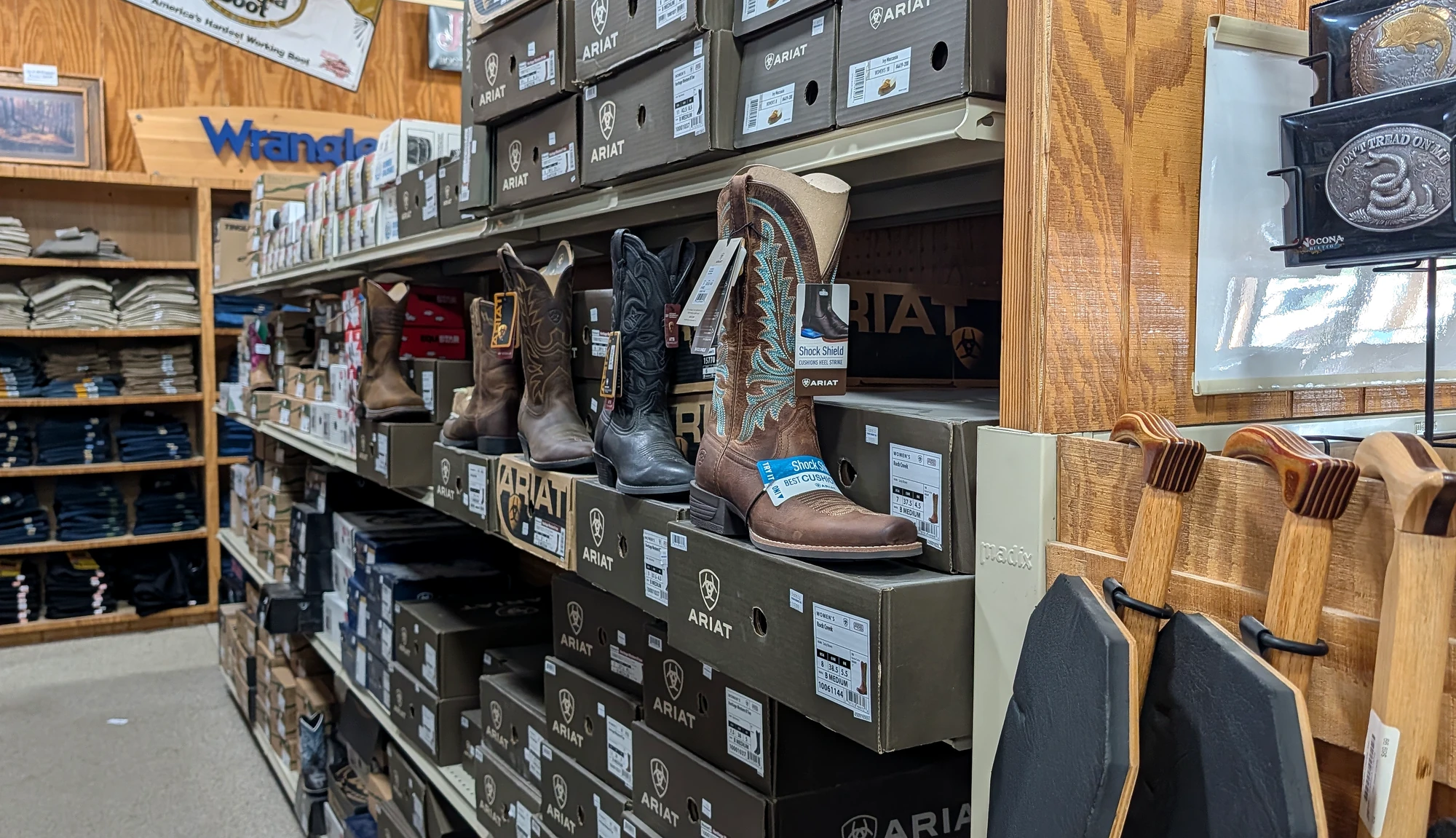 Ariat boots and workwear photographed inside Farm Choice Country Store