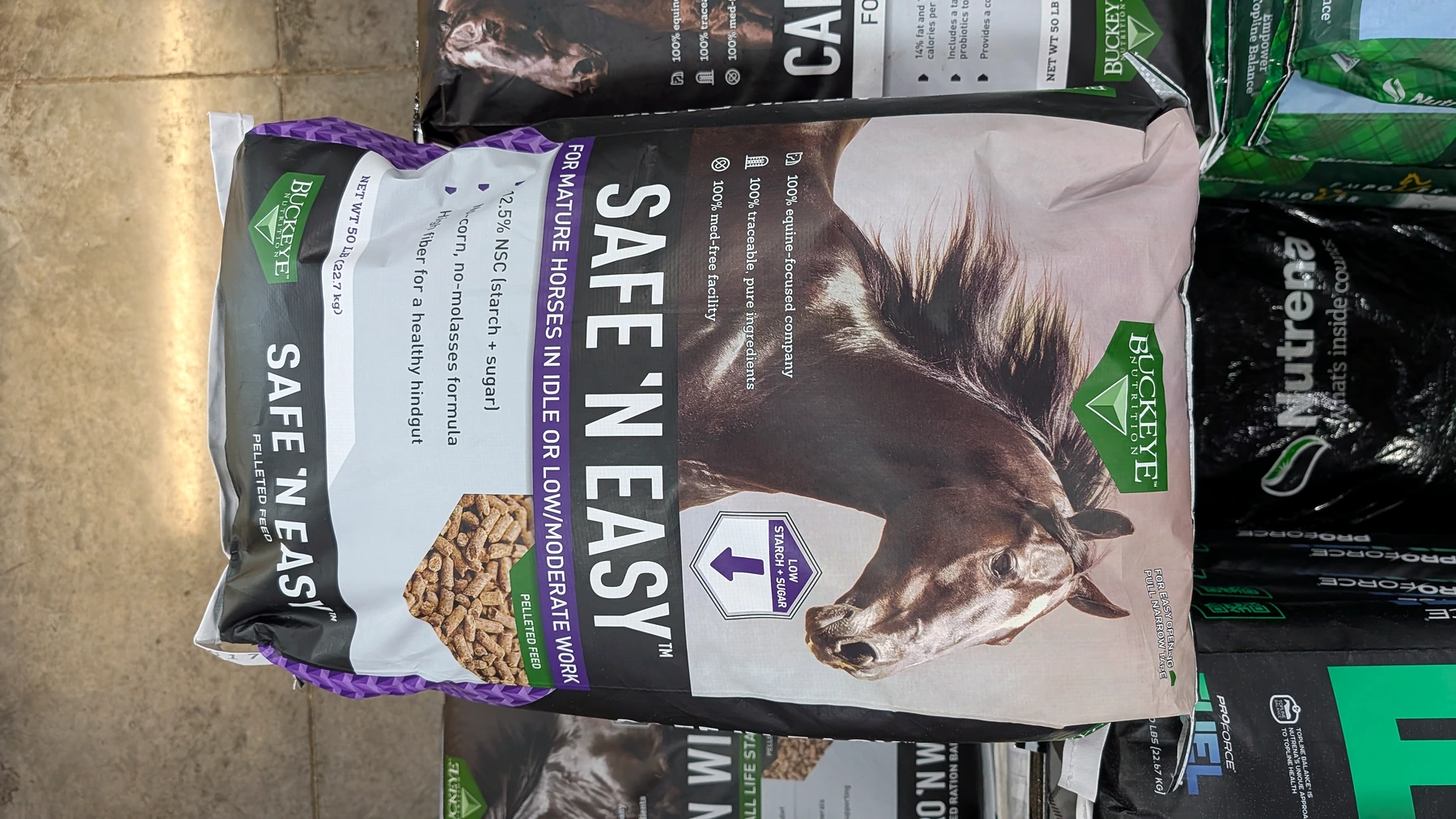 BUCKEYE Nutrition Safe N Easy horse feed bag photographed at Farm Choice